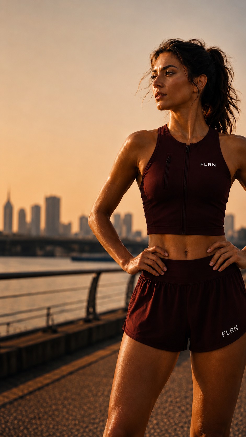 Woman runner in the deep red FLRN performance top and flow short at golden hour